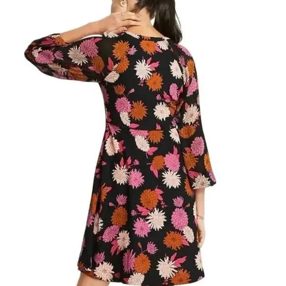 Ann Taylor Autumnal Floral Chiffon Sleeve Flare Dress Size 2